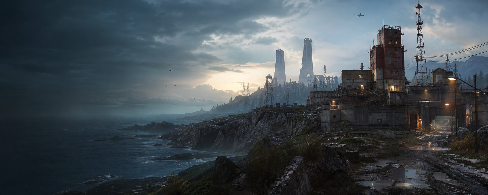A rugged coastal survival compound at dawn